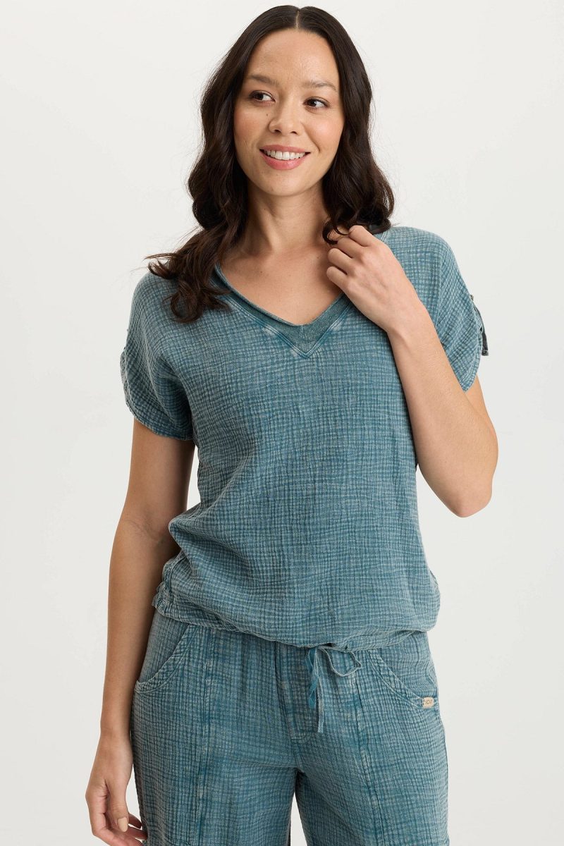 Bower Gauze/Jersey Tabbed-Sleeve Bubble-Hem V-Neck Tee