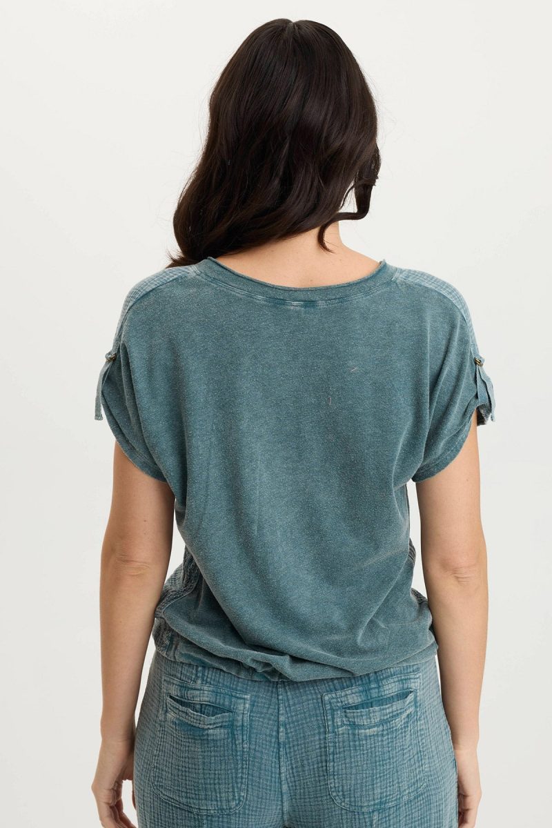 Bower Gauze/Jersey Tabbed-Sleeve Bubble-Hem V-Neck Tee - Image 4